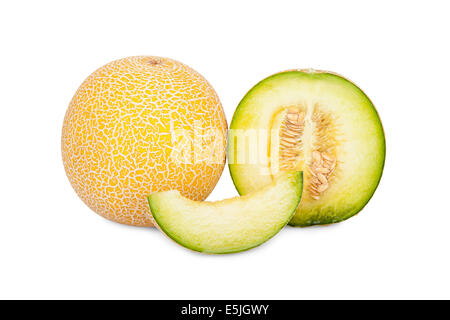 Whole, cross section and pieces of fresh Galia Melons isolated on white Background Stock Photo