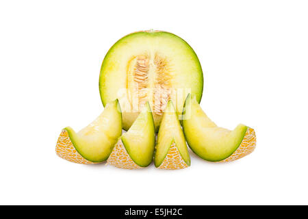 One half and four slices of a Galia Melon isolated on white Background