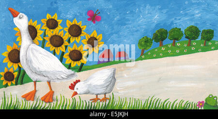 Acrylic illustration of goose with hen on village way Stock Photo