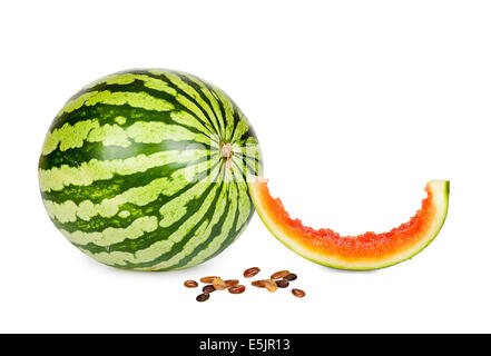 Fresh whole Watermelon with Piece bite off and Seeds isolated on white Background Stock Photo