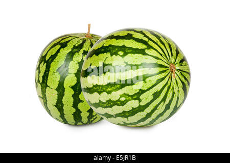 Two green fresh Watermelons isolated on white Background Stock Photo