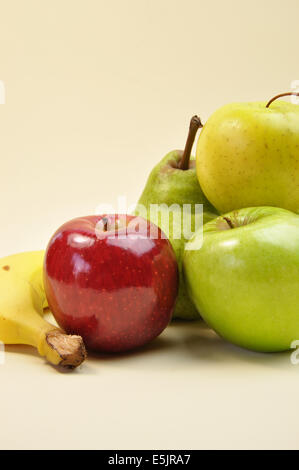 Healthy food group - fruit: apples,pear and banana. Stock Photo