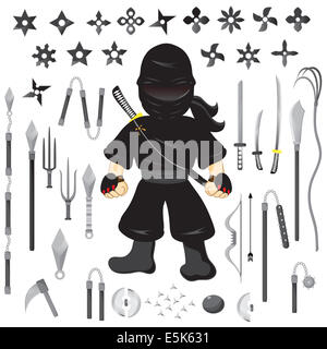 Illustration of character ninja and weapon, cartoon vector Stock Photo