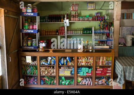 Eastern Bhutan, Lhuentse Valley Autsho, counter and shelves of village shop and cafe Stock Photo