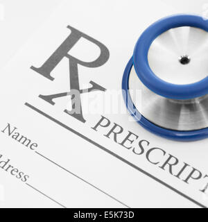 Stethoscope over blank medical prescription form - 1 to 1 ratio Stock Photo