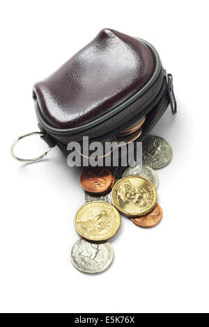 Leather Purse And Assorted US Coins On White Background Stock Photo