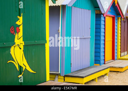 Melbourne Australia,Brighton Beach,bathing boxes,huts,cabins,colorful,art,kangaroo,boxing,AU140322008 Stock Photo