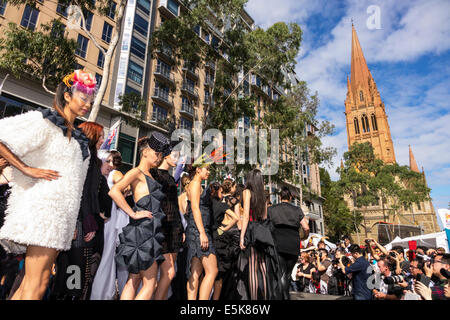 Melbourne Australia,Swanston Street,City Square,festival,Lord Mayor's Student Welcome,fashion show,runway,woman female women,model,posing,striking pos Stock Photo