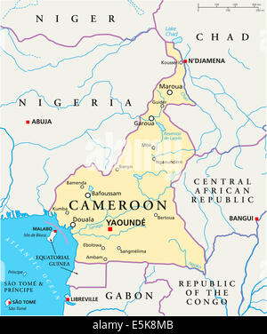 Cameroon Political Map with capital Yaounde, national borders, most important cities, rivers and lakes with English labeling Stock Photo