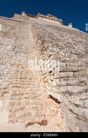 Back Staircase leading to the Temple. Stairs leading to the top of the massive  and tall Adivino pyramid. Piramide del Adivino, Stock Photo