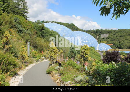 Biomes at the Eden Project from the terraced pathway in the Outdoor Biome, Cornwall, England, UK Stock Photo