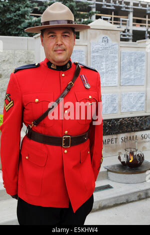 Mountie in ceremonial uniform at the Sunset Retreat Ceremony at the Royal Canadian Mounted Police (RCMP) Depot in Regina. Stock Photo