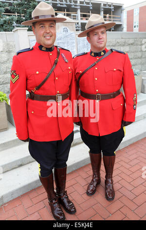 Mounties in ceremonial uniform at the Sunset Retreat Ceremony at the Royal Canadian Mounted Police (RCMP) Depot in Regina. Stock Photo