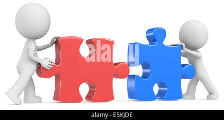 Dude the partners x 2 putting puzzle pieces together. Red and Blue. Stock Photo