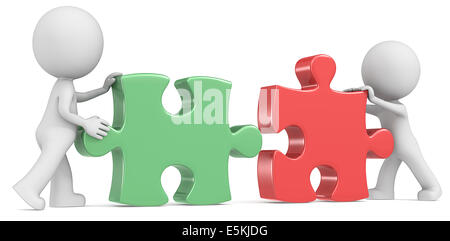 Dude the partners x 2 putting puzzle pieces together. Red and Green. Stock Photo