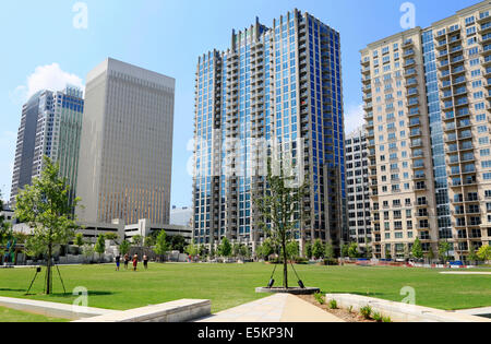 Urban living in Charlotte, North Carolina. Residential buildings at Romare Bearden Park in downtown. Stock Photo