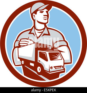 Illustration of a removal man delivery guy with moving truck van set inside circle on isolated background done in retro style. Stock Photo
