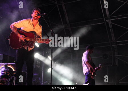 Peak District, Derbyshire, UK. 3 August 2014.  Frank Turner of Frank Turner and the Sleeping Souls headlines on the final evening of the three-day Y Not festival at Pikehall in the heart of Derbyshire's Peak District National Park. Credit:  Deborah Vernon/Alamy Live News Stock Photo