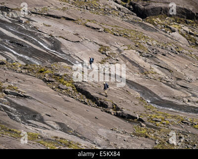 Two mountain walkers on steep rock slabs below Coir' a' Ghrunnda in the Black Cuillin Mountains, Isle of Skye, Scotland, UK Stock Photo