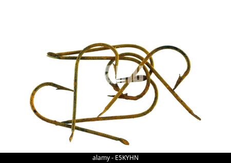 empty rusty hooks on white background Stock Photo