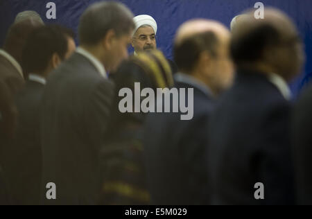 Tehran, Iran. 4th Aug, 2014. Iranian President HASSAN ROUHANI (C) attends the opening of Non-Aligned Movement Ministerial Committee on Palestine Meeting on Situation in Gaza, in Tehran. Morteza Nikoubazl/ZUMAPRESS Credit:  Morteza Nikoubazl/ZUMA Wire/Alamy Live News Stock Photo