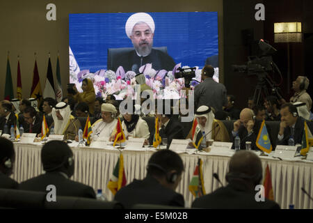 Tehran, Iran. 4th Aug, 2014. Iranian President HASSAN ROUHANI speaks during the opening of Non-Aligned Movement Ministerial Committee on Palestine Meeting on Situation in Gaza, in Tehran. Morteza Nikoubazl/ZUMAPRESS Credit:  Morteza Nikoubazl/ZUMA Wire/Alamy Live News Stock Photo