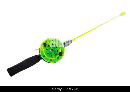 Modern fishing rod with reel on white background Stock Photo