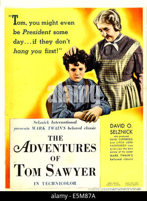 THE ADVENTURES OF TOM SAWYER, from left: Tommy Kelly, May Robson on window card, 1938. Stock Photo