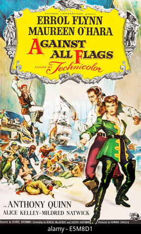 AGAINST ALL FLAGS, l-r: Errol Flynn, Maureen O'Hara on poster art, 1952. Stock Photo