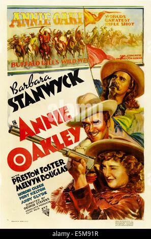 ANNIE OAKLEY, from top: Moroni Olsen, Melvyn Douglas, Barbara Stanwyck, 1935. Stock Photo