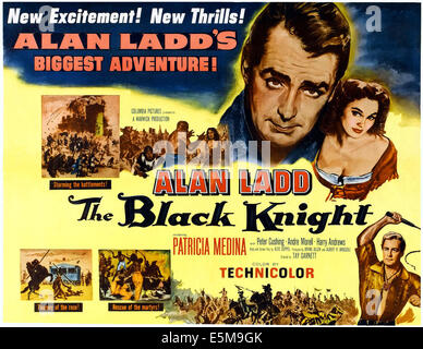 THE BLACK KNIGHT, upper right, from left: Alan Ladd, Patricia Medina; bottom right: Alan Ladd; Style 'A' half-sheet poster, Stock Photo