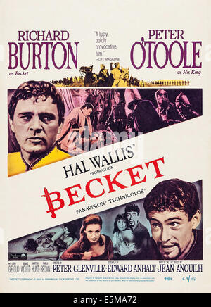 BECKET, top: Richard Burton, bottom l-r: Vernoique Vendell, Peter O'Toole on window card, 1964. Stock Photo