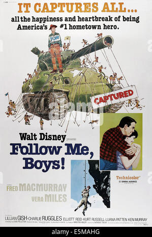 FOLLOW ME, BOYS!, US poster, (right photo) from left: Fred MacMurray, Vera Miles, 1966 Stock Photo