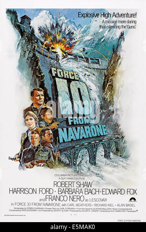 FORCE 10 FROM NAVARONE, US poster art, clockwise from top:Robert Shaw, Harrison Ford, Edward Fox, Franco Nero, Barbara Bach, Stock Photo