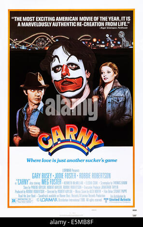 CARNY, US poster art, from left: Robbie Robertson, Gary Busey, Jodie Foster, 1980. ©United Artists/courtesy Everett Collection Stock Photo