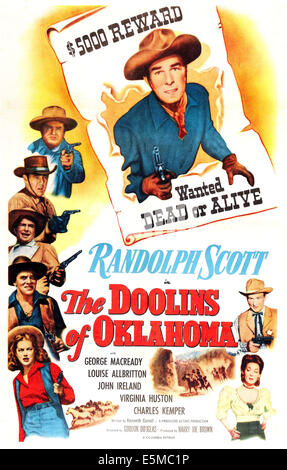 THE DOOLINS OF OKLAHOMA, US poster, from top: Randolph Scott, Charles Kemper, Frank Fenton, Noah Beery Jr., John Ireland, Dona Stock Photo