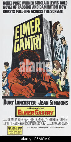 ELMER GANTRY, US poster art, center: Burt Lancaster; top right: Jean Simmons, 1960 Stock Photo