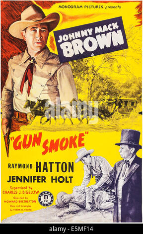 GUN SMOKE, US poster art, Johnny Mack Brown, (top left), Raymonmd Hatton, (bottom right), 1945 Stock Photo