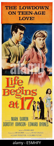 LIFE BEGINS AT 17, US poster art, top from left: Mark Damon, Luana Anders; bottom right: Dorothy Johnson, 1958 Stock Photo