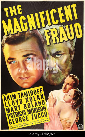 THE MAGNIFICENT FRAUD, US poster art, from left: Akim Tamiroff times two, Lloyd Nolan, Patricia Morison, 1939 Stock Photo