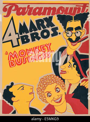 MONKEY BUSINESS, The Marx Brothers-from bottom left: Zepoo Marx, Harpo Marx, Chico Marx, Groucho Marx on jumbo window card, Stock Photo