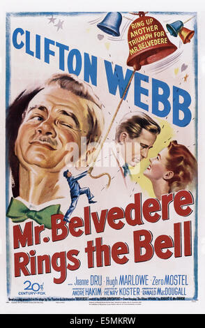 MR. BELVEDERE RINGS THE BELL, US poster art, from left: Clifton Webb, Hugh Marlowe, Joanne Dru,  1951, TM and copyright ©20th Stock Photo