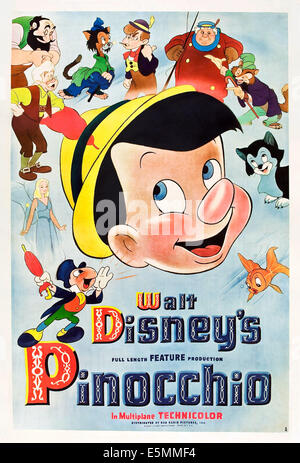 PINOCCHIO, center: Pinocchio; clockwise from lower left: Jiminy Cricket, The Blue Fairy, Geppetto, Stromboli, Gideon, Lampwick, Stock Photo