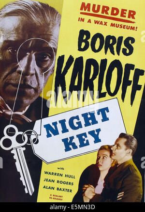 THE NIGHT KEY, left: Boris Karloff, right: Jean Rogers, Warren Hull on poster art, 1937 Stock Photo