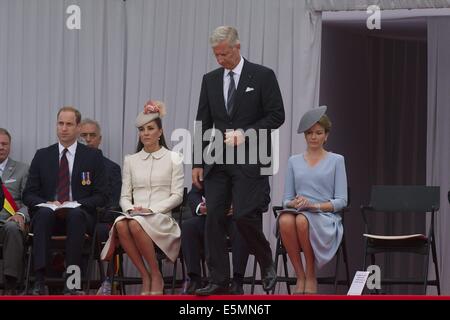 Liege, Belgium. 4th Aug, 2014. King Philippe of Belgium, Prince William, Duke of Cambridge, Catherine, Duchess of Cambridge and Queen Mathilde of Belgium attended the Ceremony at the Allies' Memorial in Cointe during Ceremonies organized by the Belgian federal government to commemorate the 100th anniversary of the First World War at Basilique de Cointe on August 4, 2014 in Liege, Belgium Credit:  Jack Abuin/ZUMA Wire/Alamy Live News Stock Photo