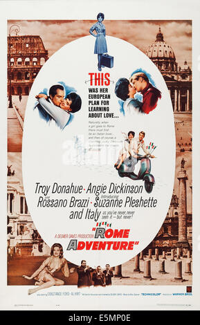 ROME ADVENTURE, Suzanne Pleshette (top), couple embracing from left: Rossano Brazzi, Suzanne Pleshette, couple kissing from Stock Photo