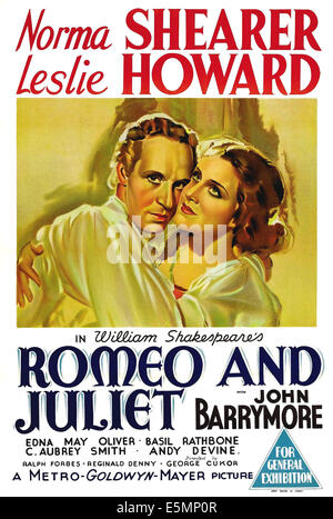 ROMEO AND JULIET, from left: Leslie Howard as 'Romeo,' Norma Shearer as 'Juliet' on Australian 1-sheet poster art, 1936. Stock Photo