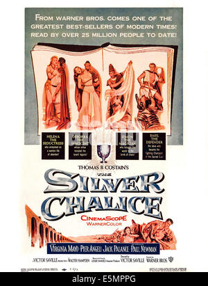 THE SILVER CHALICE, l-r: Virginia Mayo, Pier Angeli, Jack Palance, Paul Newman on poster art, 1954. Stock Photo