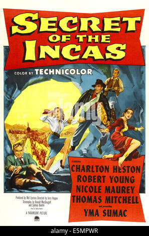 SECRET OF THE INCAS, US poster art, Thomas Mitchell, (bottom right), Robert Young, (top left), Charlton Heston, (in hat), 1954 Stock Photo