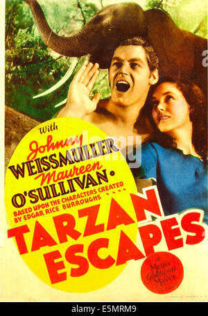 TARZAN ESCAPES, Johnny Weissmuller, Maureen O'Sullivan on midget window card, 1936 Stock Photo